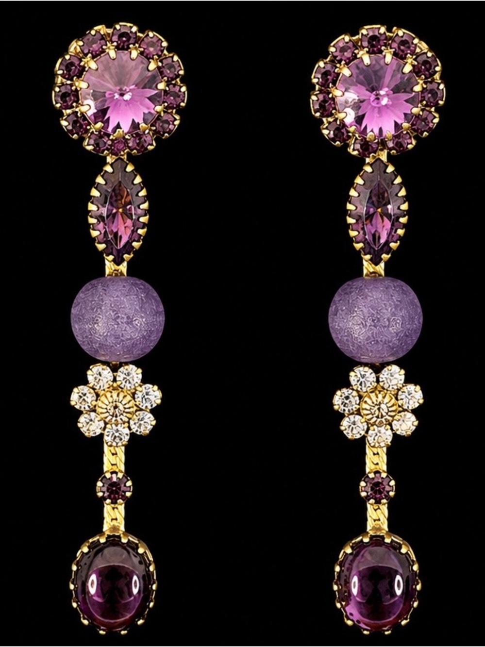 Rodrigo Otazu Purple Crystal Drop Earrings with Gold Setting, NWOT